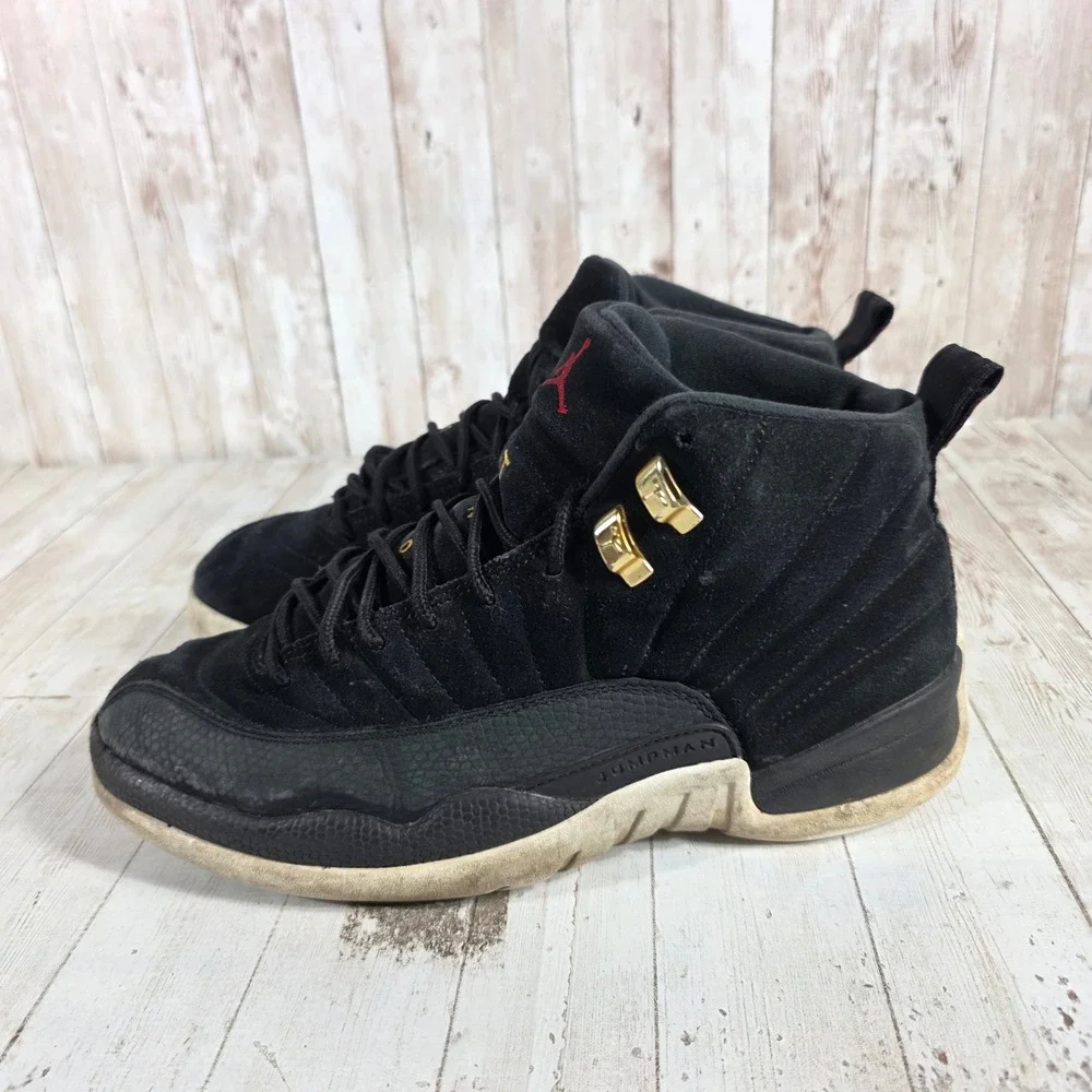 Jordan‎ 12 Retro Reverse Taxi Black Suede Gold 130690-017 Mens Size 9